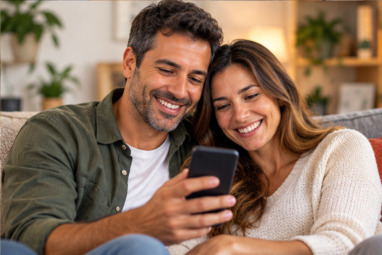 Casal sorrindo junto durante um momento em casa