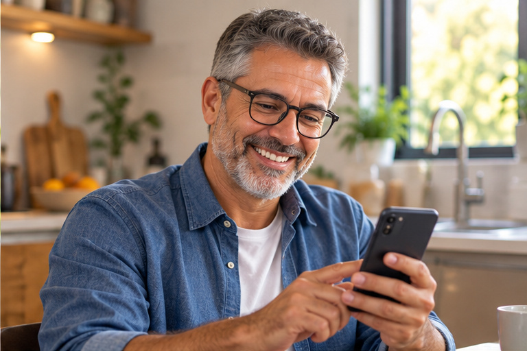 Homem adulto sorrindo enquanto vê uma mensagem